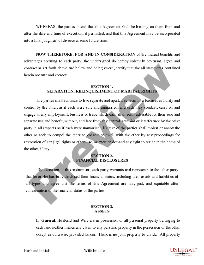 Preview Marital Domestic Separation and Property Settlement Agreement for persons with no Children, no Joint Property, or Debts Effective Immediately