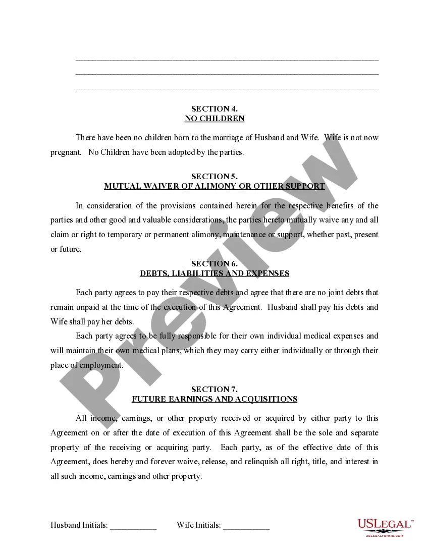Preview Marital Domestic Separation and Property Settlement Agreement for persons with no Children, no Joint Property, or Debts Effective Immediately