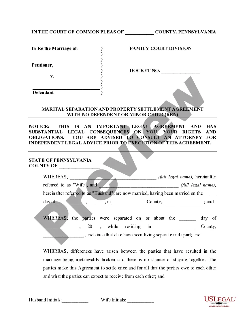 Preview Marital Domestic Separation and Property Settlement Agreement no Children parties may have Joint Property or Debts where Divorce Action Filed
