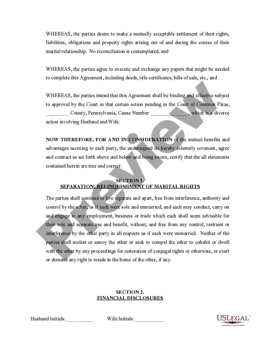 Preview Marital Domestic Separation and Property Settlement Agreement no Children parties may have Joint Property or Debts where Divorce Action Filed
