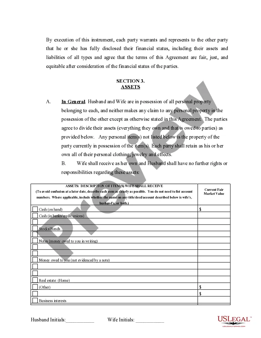 Preview Marital Domestic Separation and Property Settlement Agreement no Children parties may have Joint Property or Debts where Divorce Action Filed