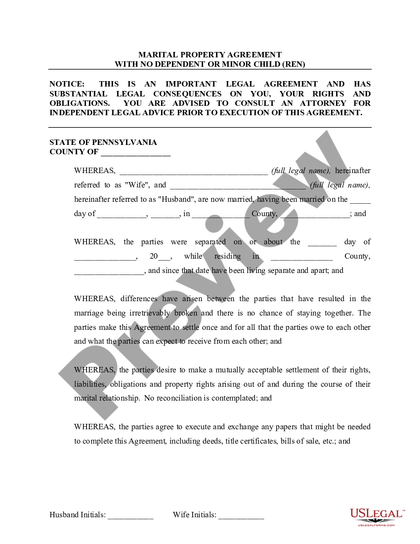 Pennsylvania Marital Domestic Separation And Property Settlement ...