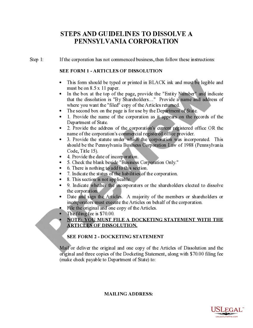 Preview Pennsylvania Dissolution Package to Dissolve Corporation