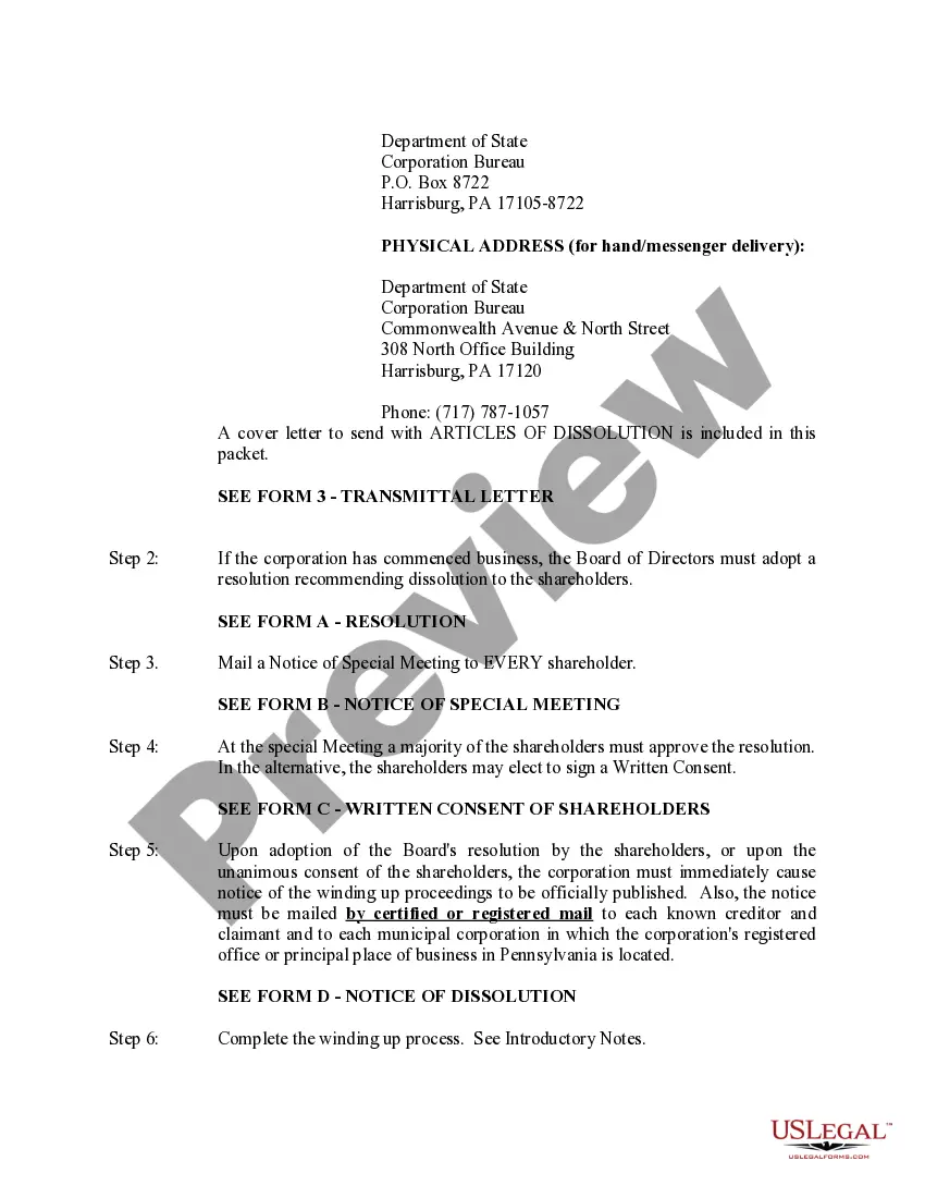 Preview Pennsylvania Dissolution Package to Dissolve Corporation