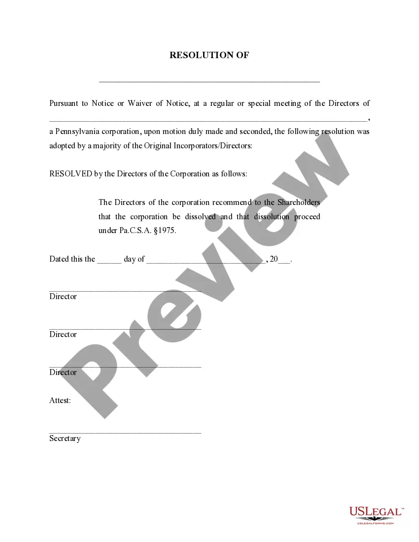 Preview Pennsylvania Dissolution Package to Dissolve Corporation