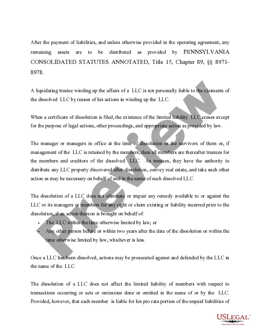 Get Pennsylvania Dissolution Package to Dissolve Limited Liability Company LLC Preview Pennsylvania Dissolution Package to Dissolve Limited Liability Company LLC