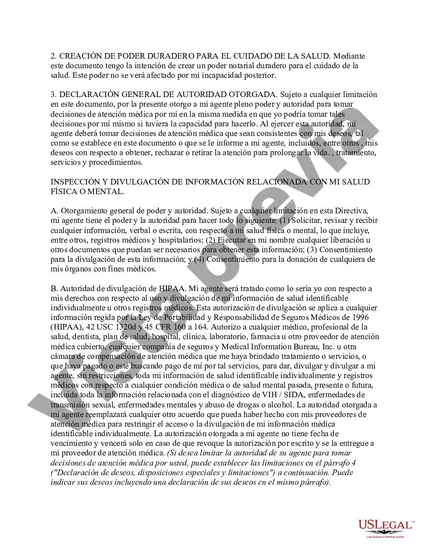 Preview Poder notarial duradero para el cuidado de la salud con disposiciones anticipadas para el cuidado de la salud