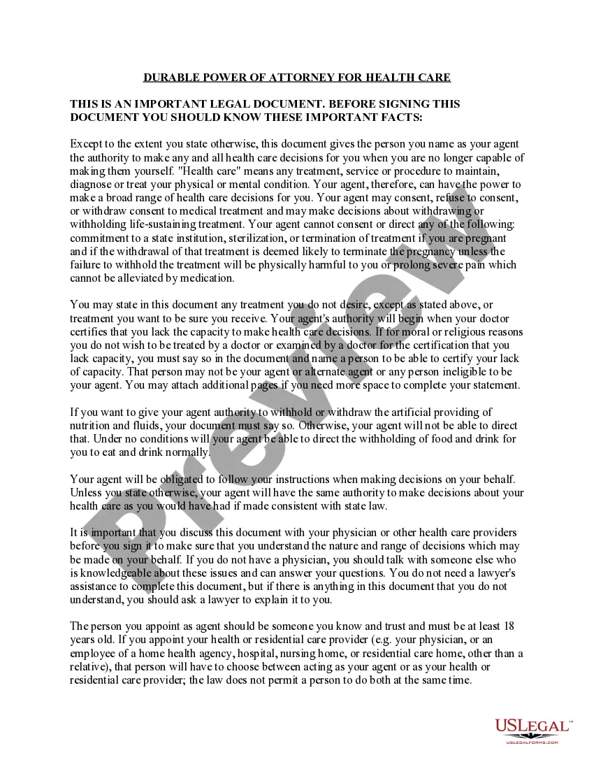 Preview Durable Power of Attorney for Health Care with Advance Health Care Provisions