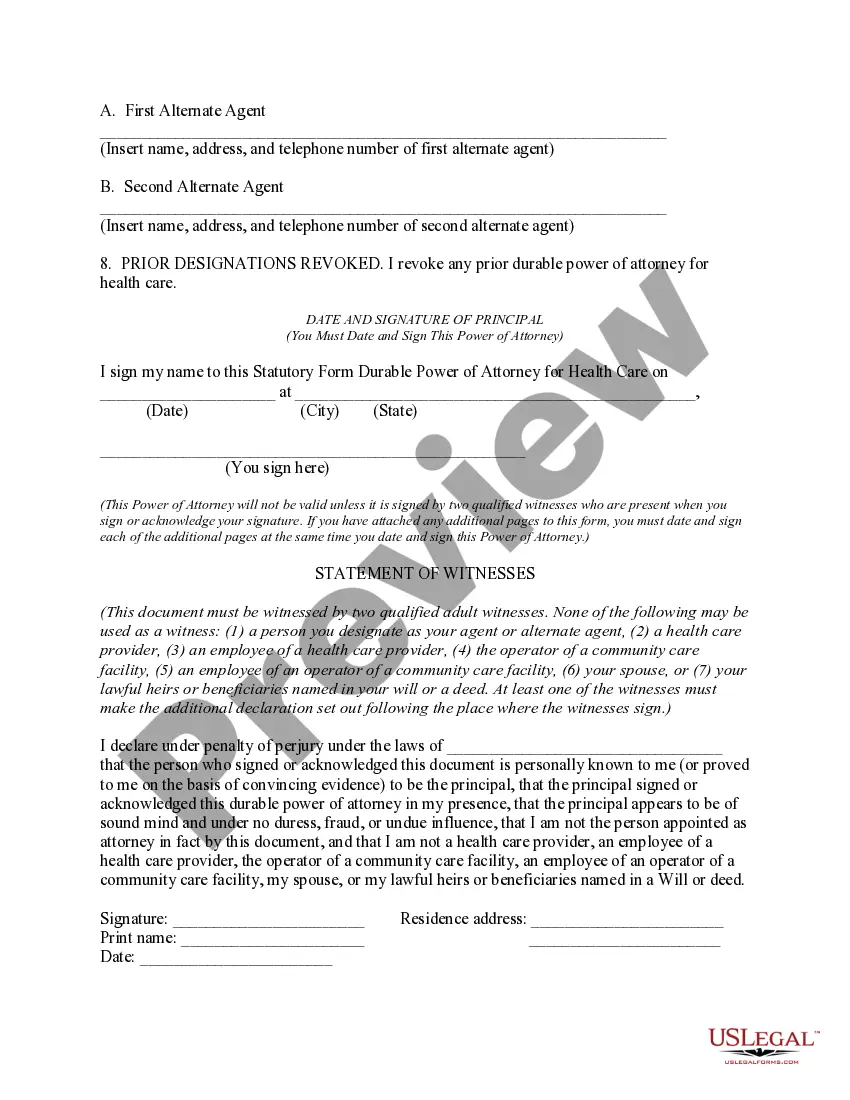 Preview Durable Power of Attorney for Health Care with Advance Health Care Provisions