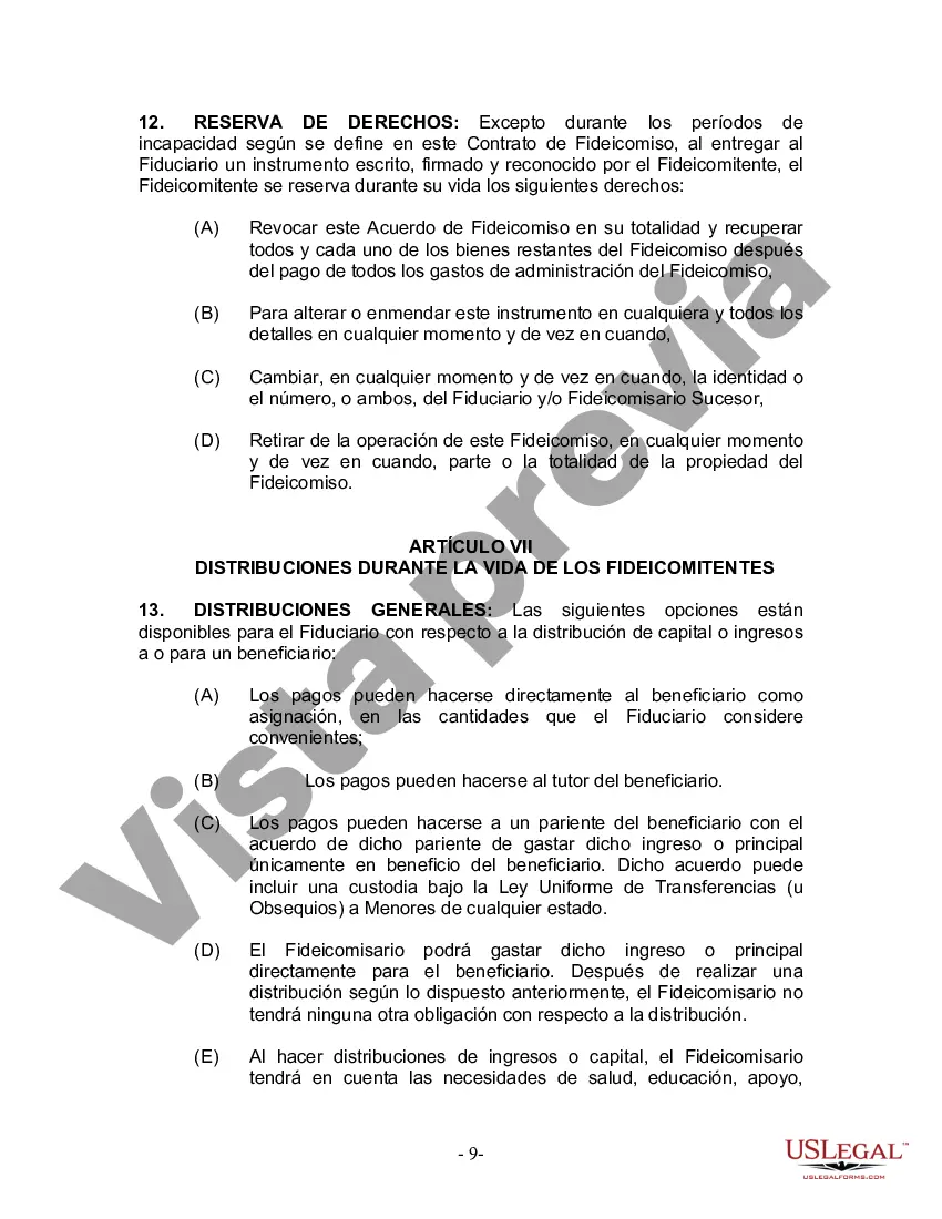 Preview Fideicomiso en Vida para Individuos Solteros, Divorciados o Viudos (o Viudos) sin Hijos