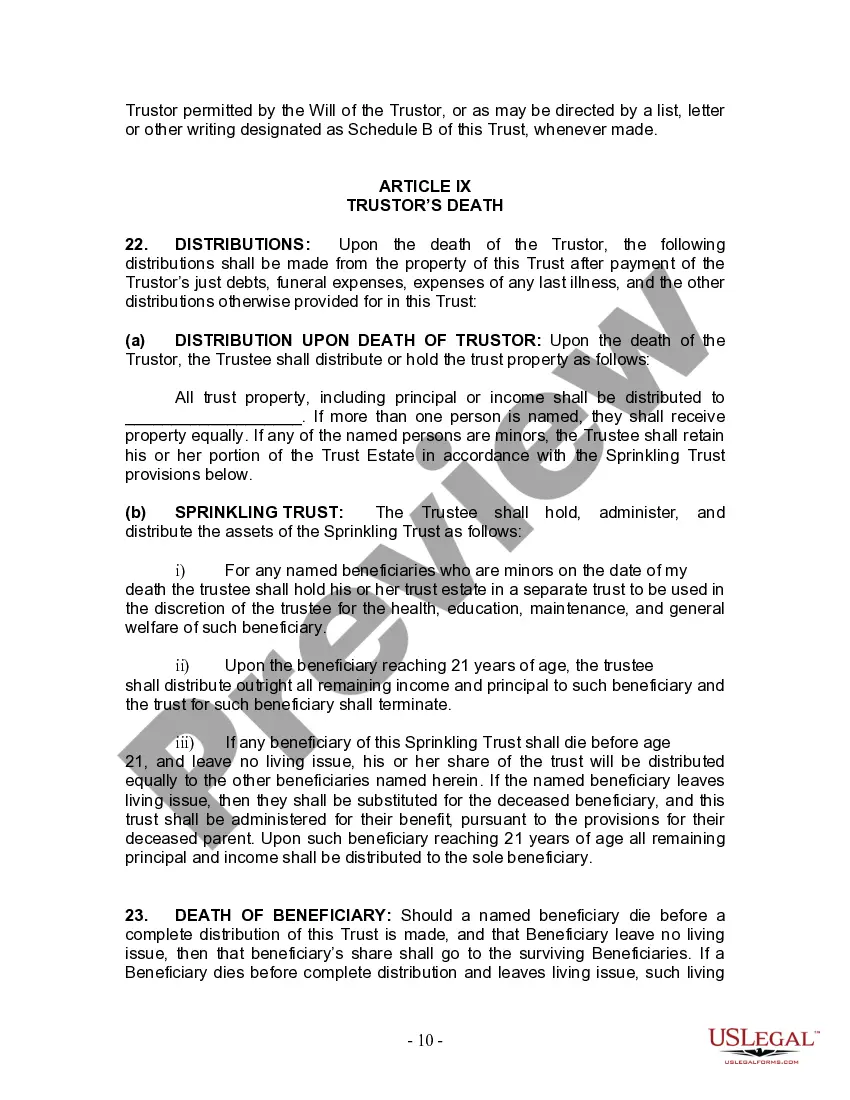 Preview Living Trust for Individual Who is Single, Divorced or Widow (or Widower) with No Children