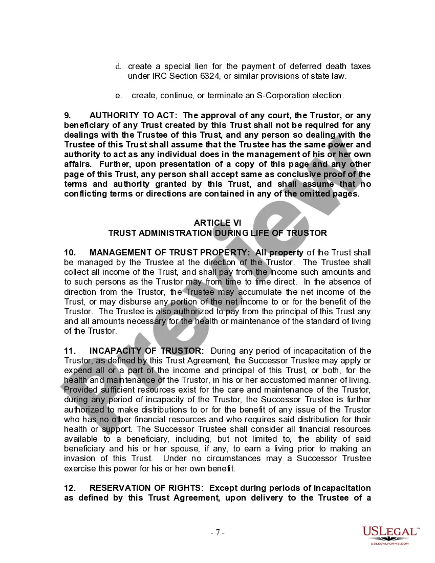 Preview Living Trust for Individual Who is Single, Divorced or Widow (or Widower) with No Children