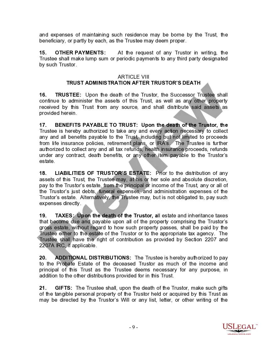 Preview Living Trust for Individual Who is Single, Divorced or Widow (or Widower) with No Children