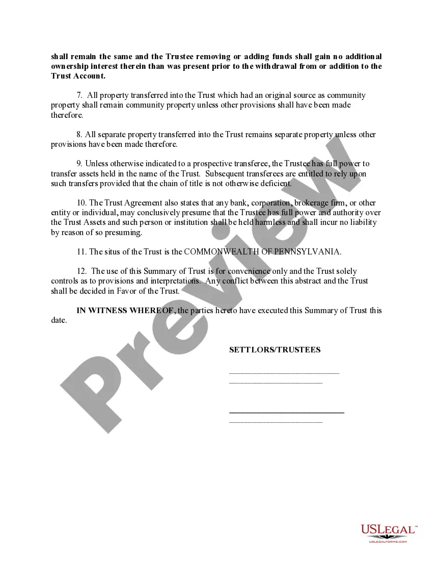 Preview Summary of Revocable Living Trust Agreement