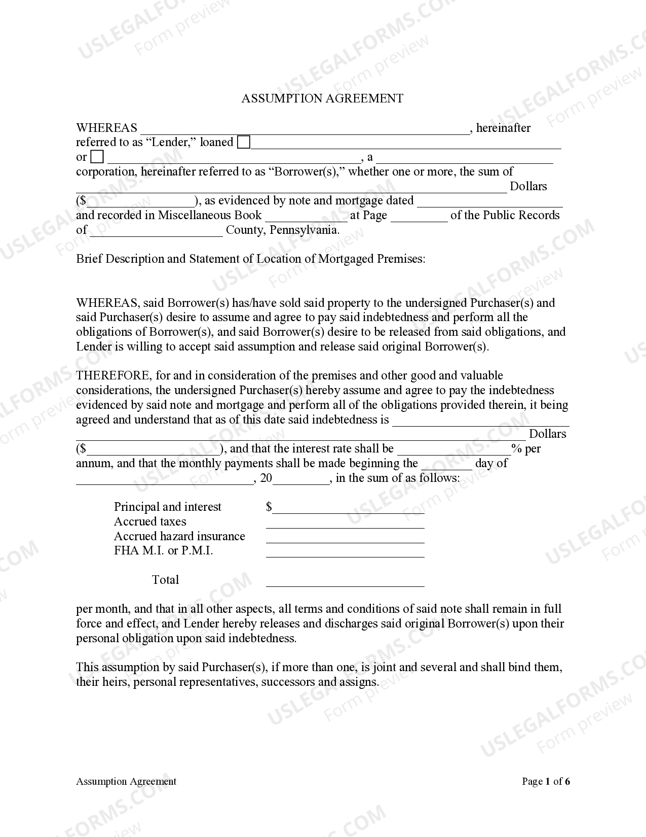 Pennsylvania Assumption Agreement of Mortgage and Release of Original