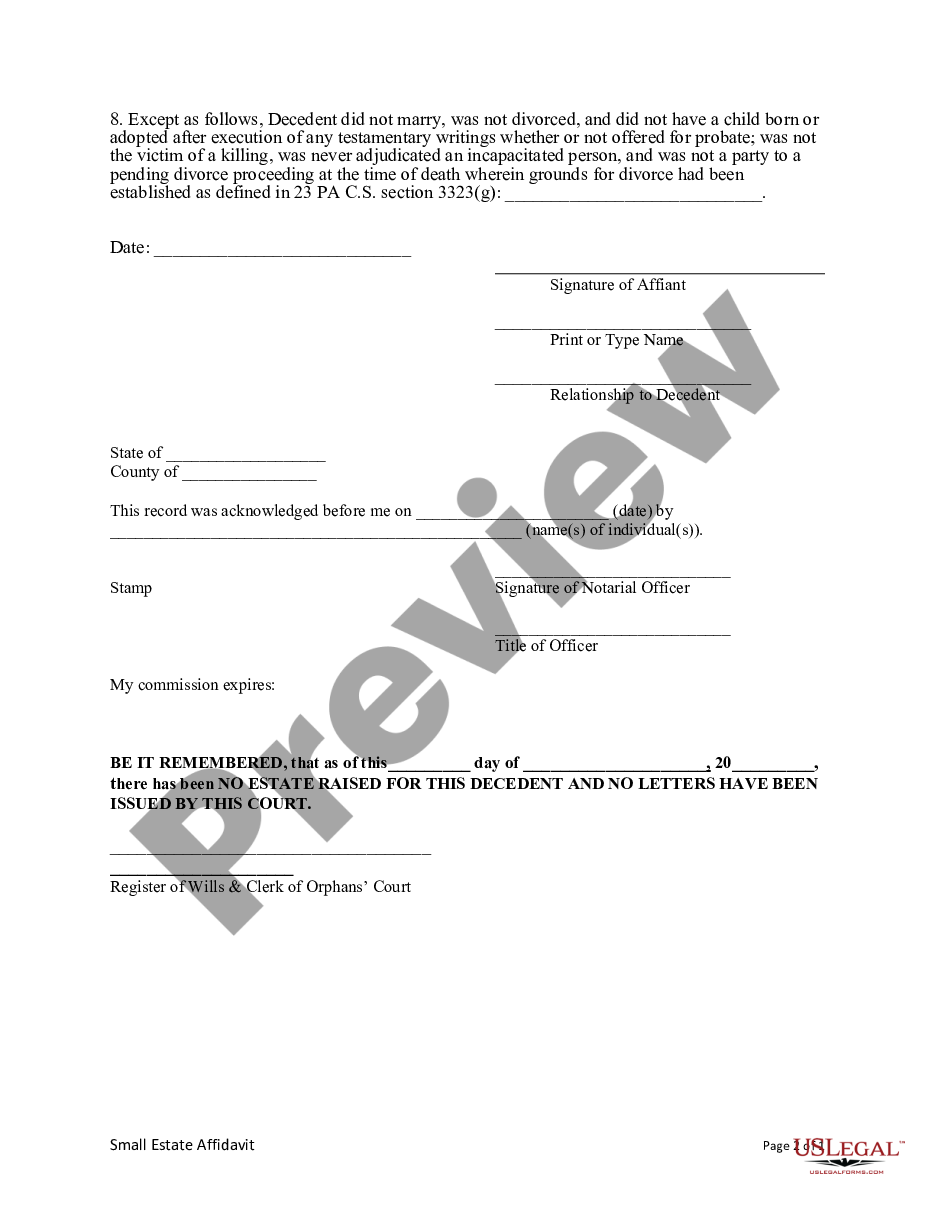 Small Estate Affidavit Pennsylvania Printable 0555