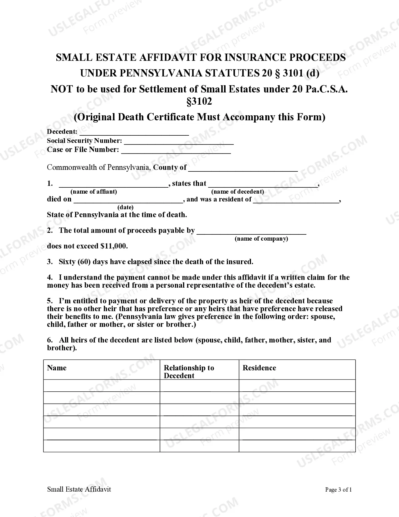 Preview Small Estate Affidavit for the Collection of Insurance Proceeds of $11,000 or less