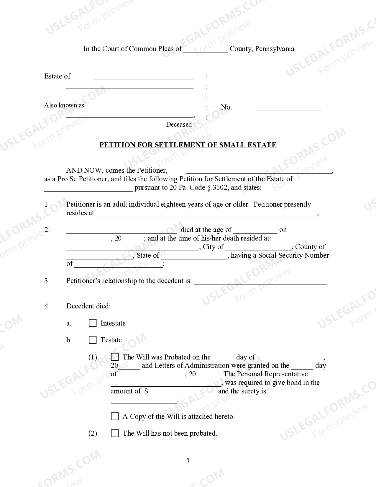 Pennsylvania Summary Administration Package Not More than 50,000