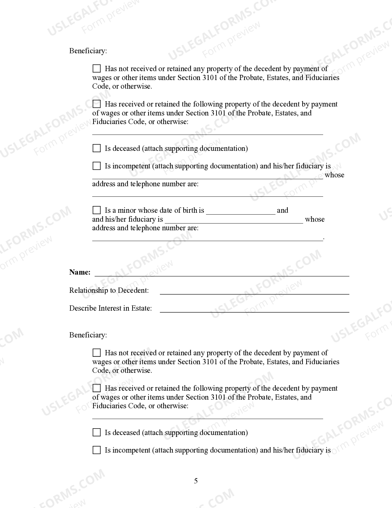 Pennsylvania Summary Administration Package Not More Than 50 000 