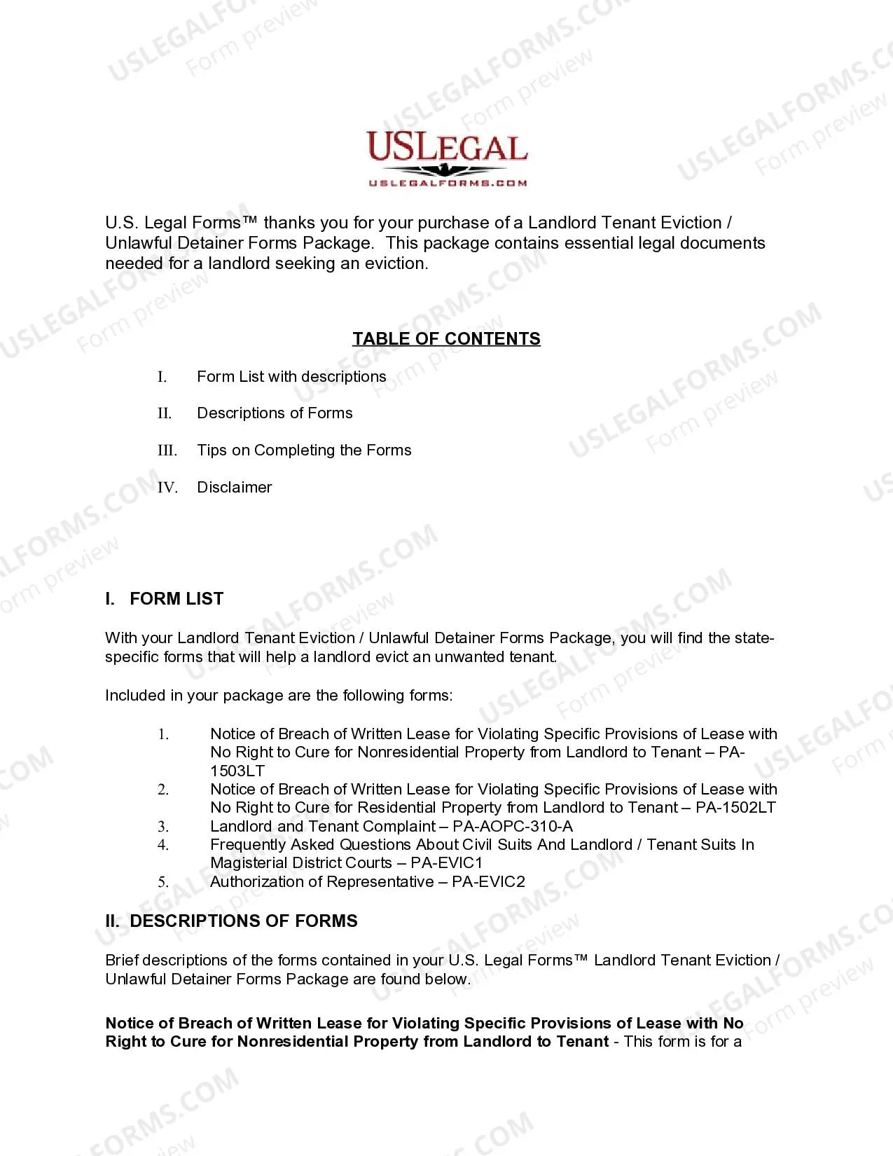 Preview Pennsylvania Landlord Tenant Eviction / Unlawful Detainer Forms Package