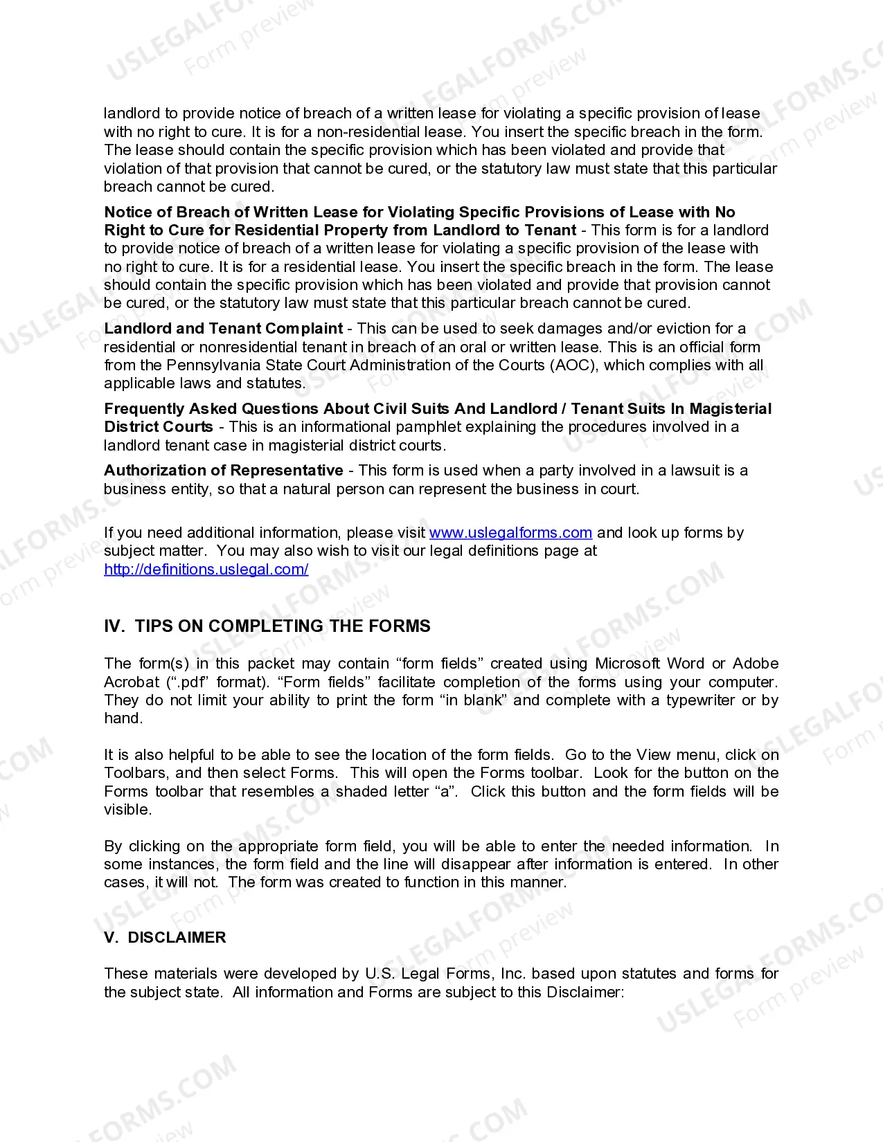 Preview Pennsylvania Landlord Tenant Eviction / Unlawful Detainer Forms Package