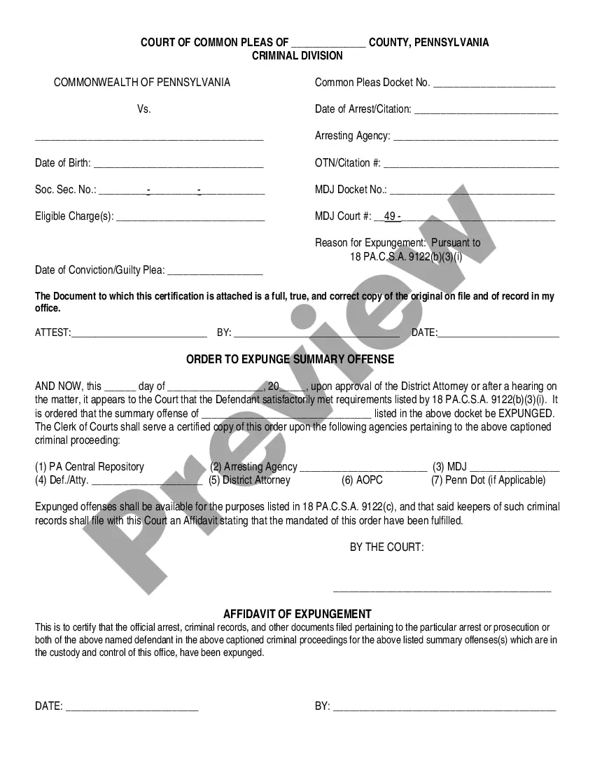 Get Expungement of a Summary Offense Package Preview Expungement of a Summary Offense Package