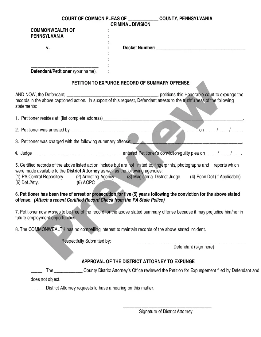 Get Expungement of a Summary Offense Package Preview Expungement of a Summary Offense Package