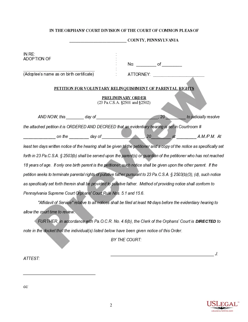 Preview Notice of Hearing, Petition and Termination Order for Voluntary Relinquishment of Parental Rights