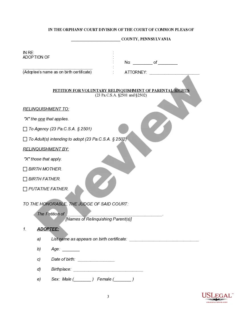 Preview Notice of Hearing, Petition and Termination Order for Voluntary Relinquishment of Parental Rights