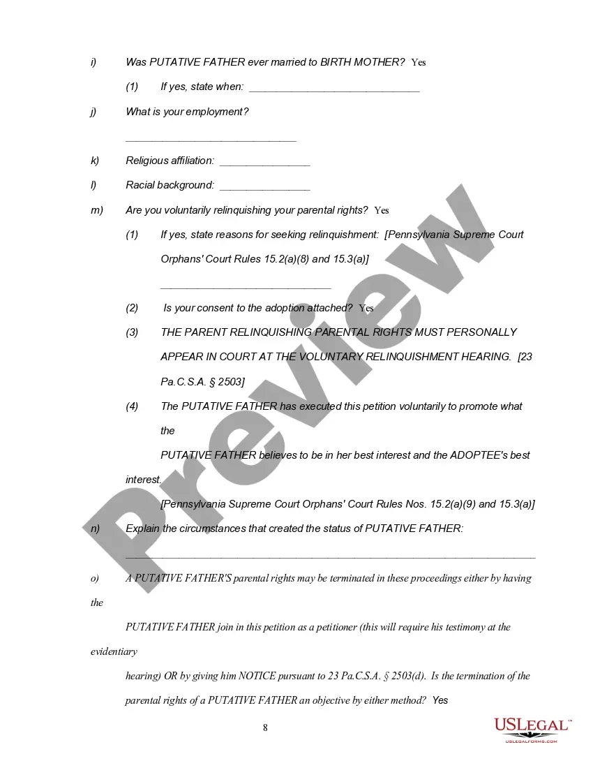 Preview Notice of Hearing, Petition and Termination Order for Voluntary Relinquishment of Parental Rights