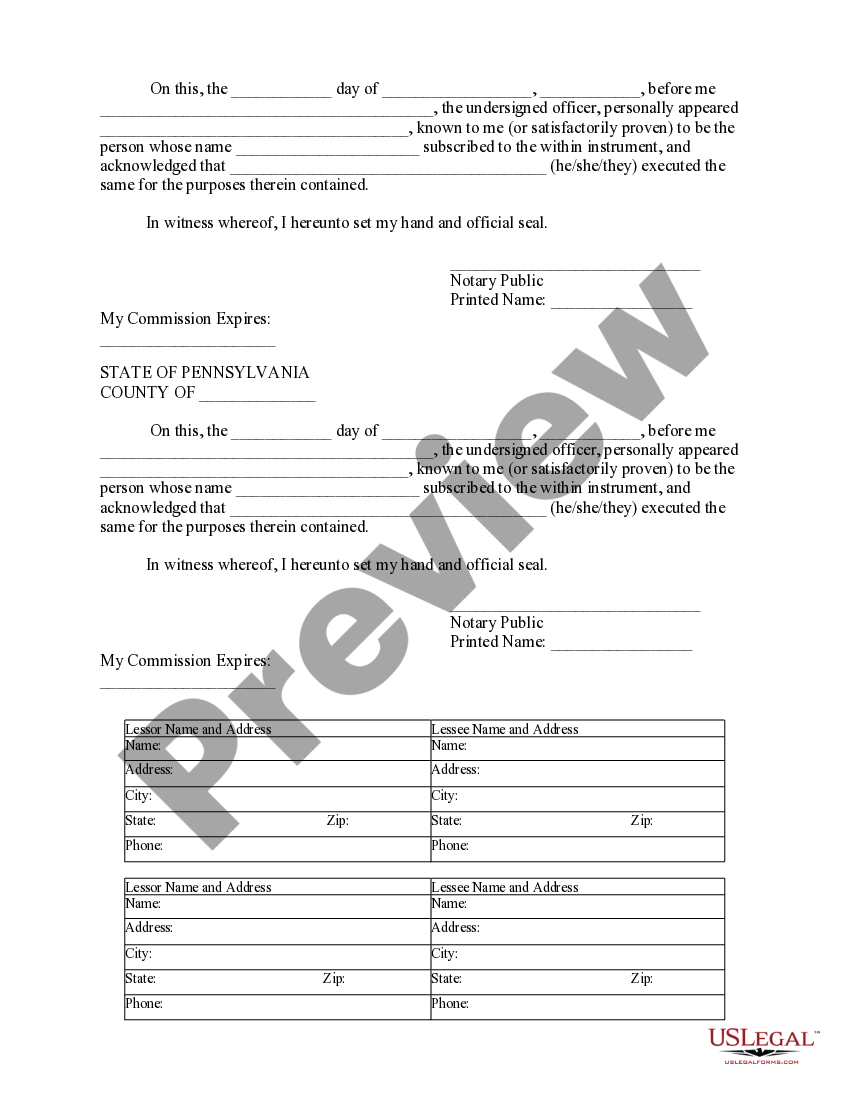 Pennsylvania Notice of Lease for Recording US Legal Forms