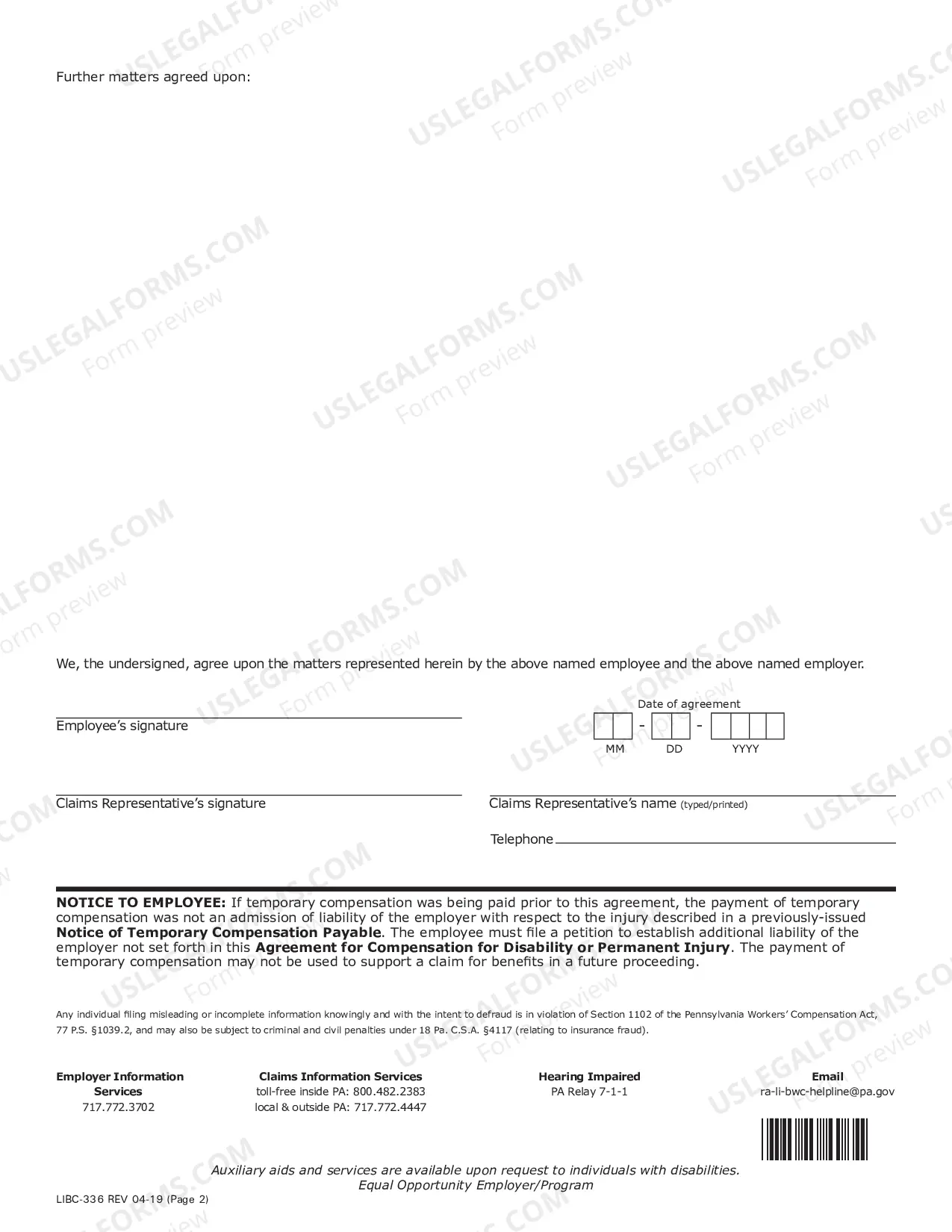 Preview Agreement for Compensation for Disability or Permanent Injury - Workers' Compensation