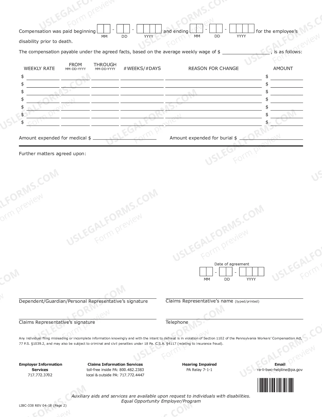 Preview Agreement for Compensation Death for Workers' Compensation