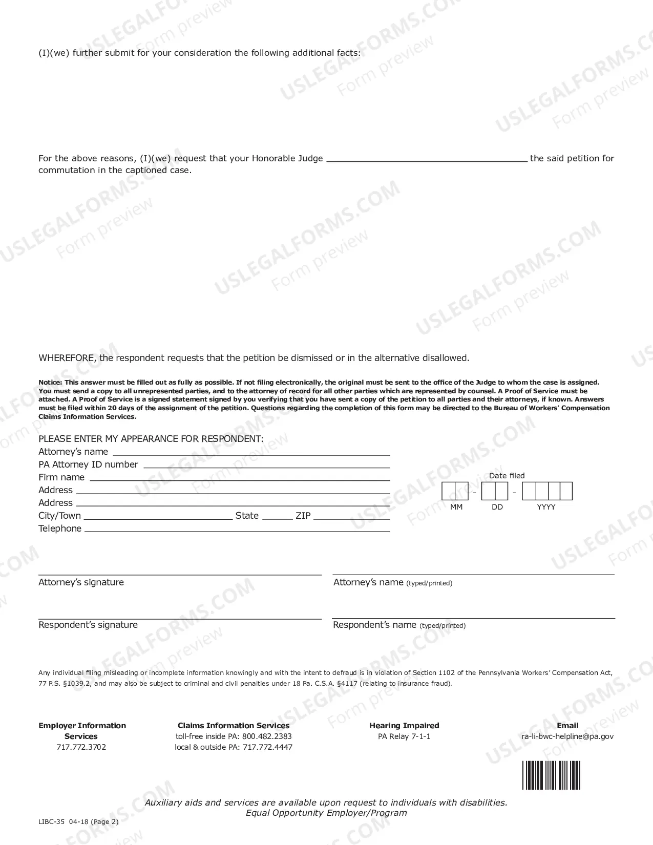 Preview Answer to Petition for Commutation for Workers' Compensation
