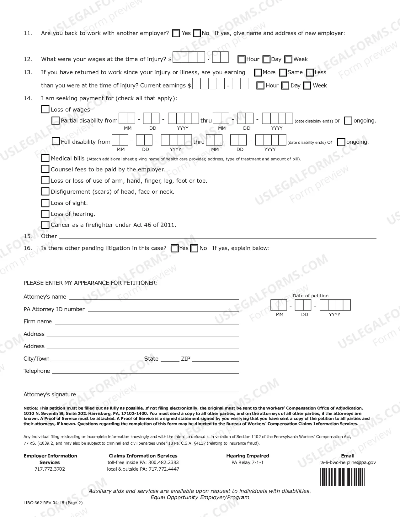 Preview Claim Petition for Workers' Compensation for Workers' Compensation