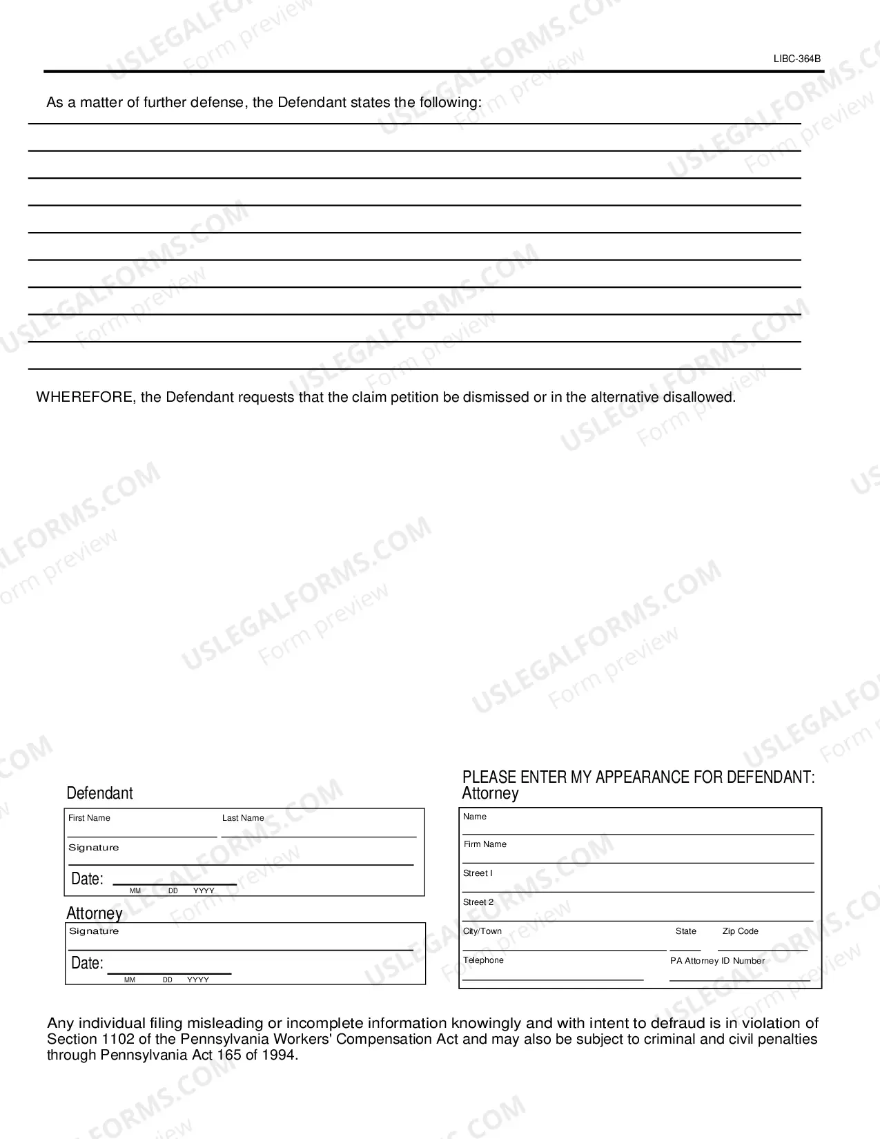 Preview Defendant's Answer to Claim Petition under Pennsylvania Occupational Disease Act for Workers' Compensation