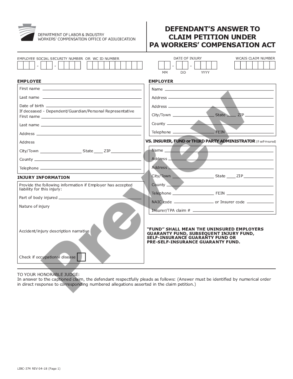 page 0 Defendant's Answer to Claim Petition under Pennsylvania Workers' Compensation Act preview