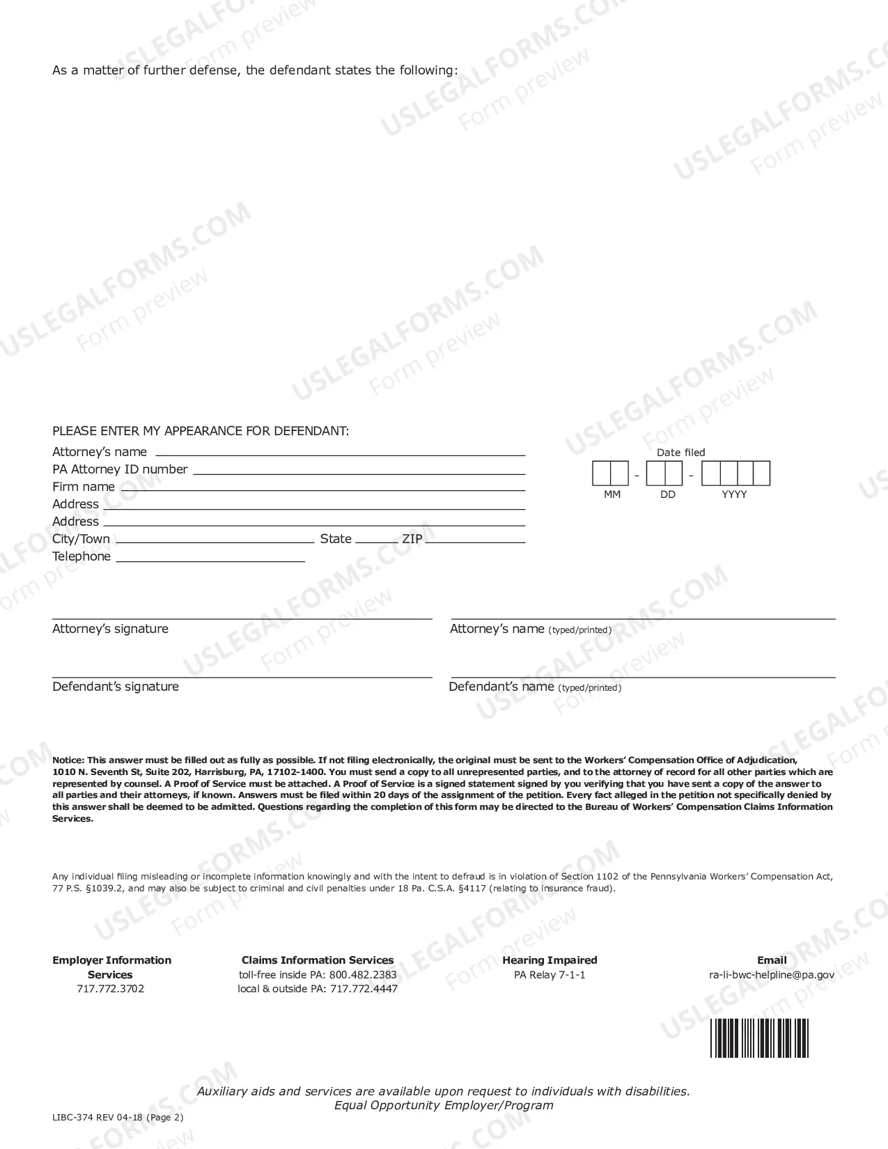 Preview Defendant's Answer to Claim Petition under Pennsylvania Workers' Compensation Act