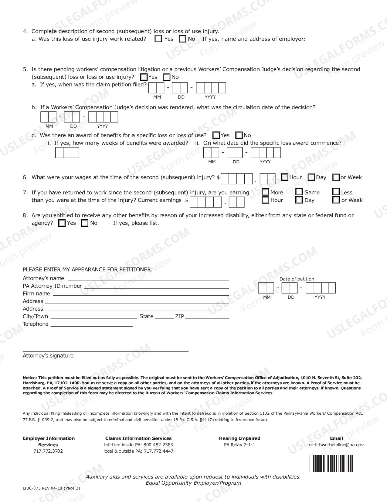 Preview Claim Petition for Additional Compensation from the Subsequent Injury Fund