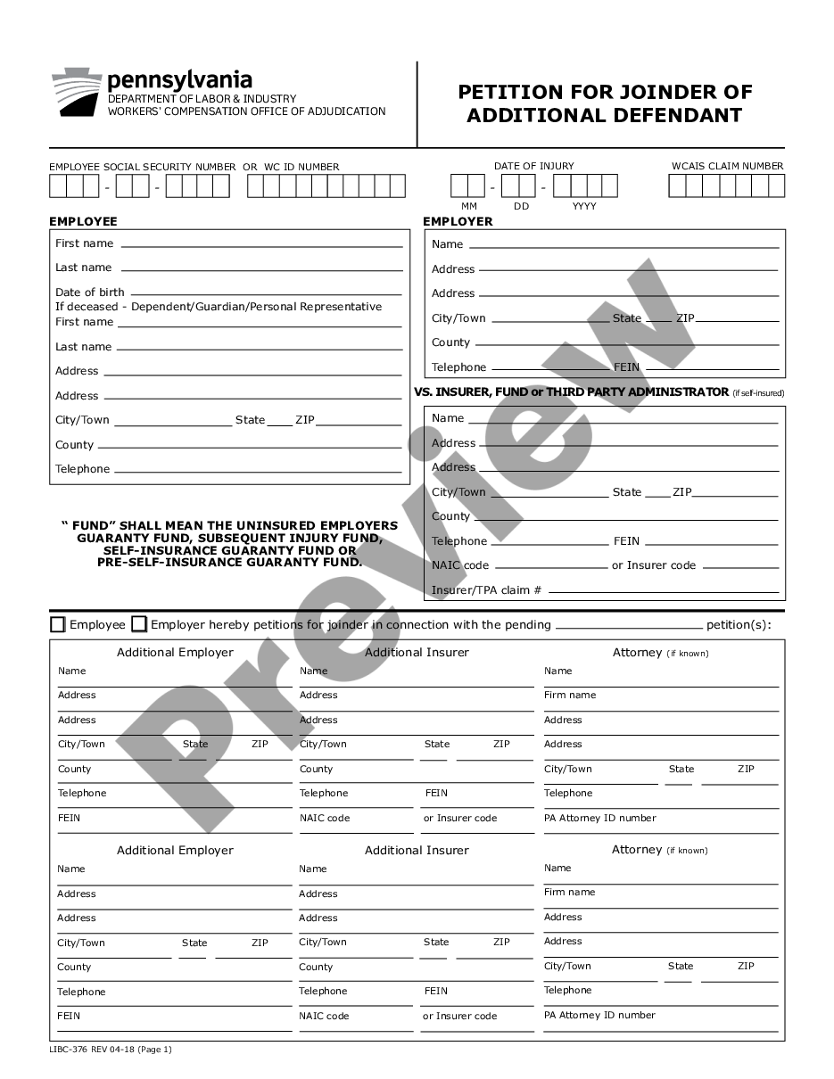 page 0 Petition for Joinder of Additional Defendant for Workers' Compensation preview