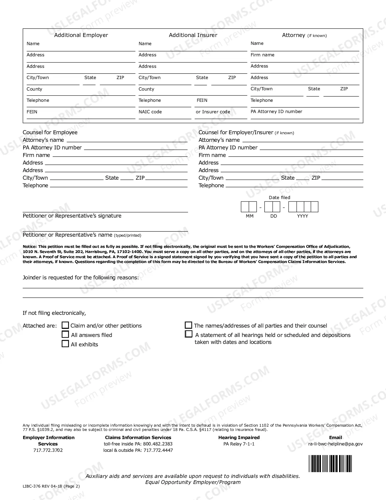 Preview Petition for Joinder of Additional Defendant for Workers' Compensation