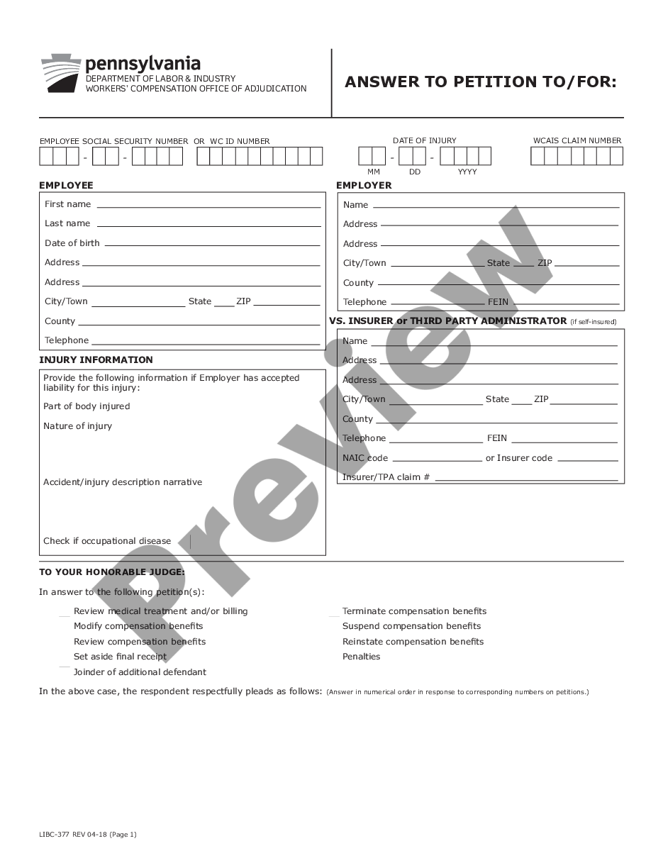 form Answer to Petition for Workers' Compensation preview
