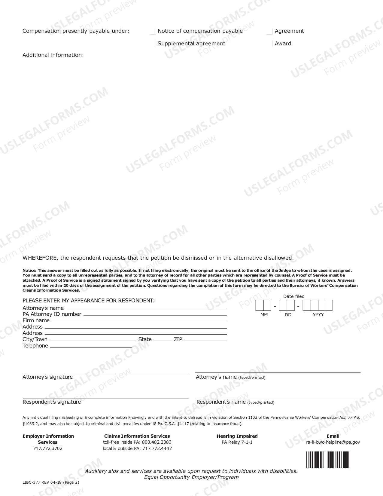 Preview Answer to Petition for Workers' Compensation