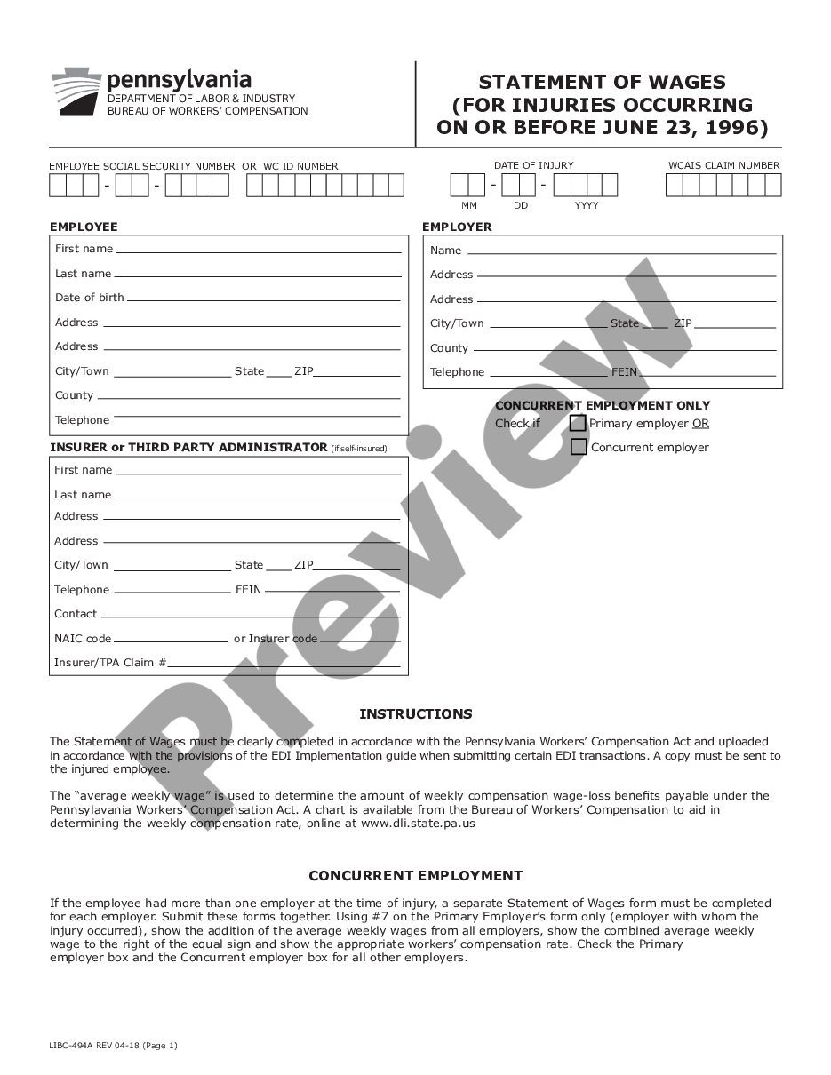 form Statement of Wages - for Injuries Occurring On or Before June 23, 1996 for Workers' Compensation preview