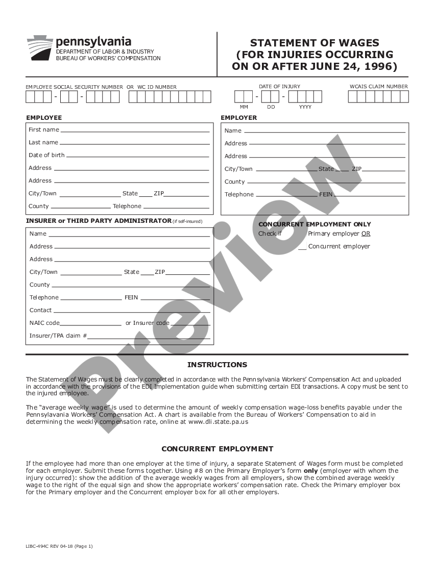 page 0 Statement of Wages - for Injuries Occurring On and After June 24, 1996 for Workers' Compensation preview