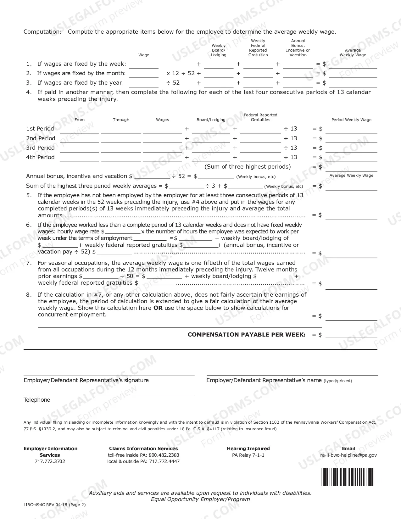 Preview Statement of Wages - for Injuries Occurring On and After June 24, 1996 for Workers' Compensation