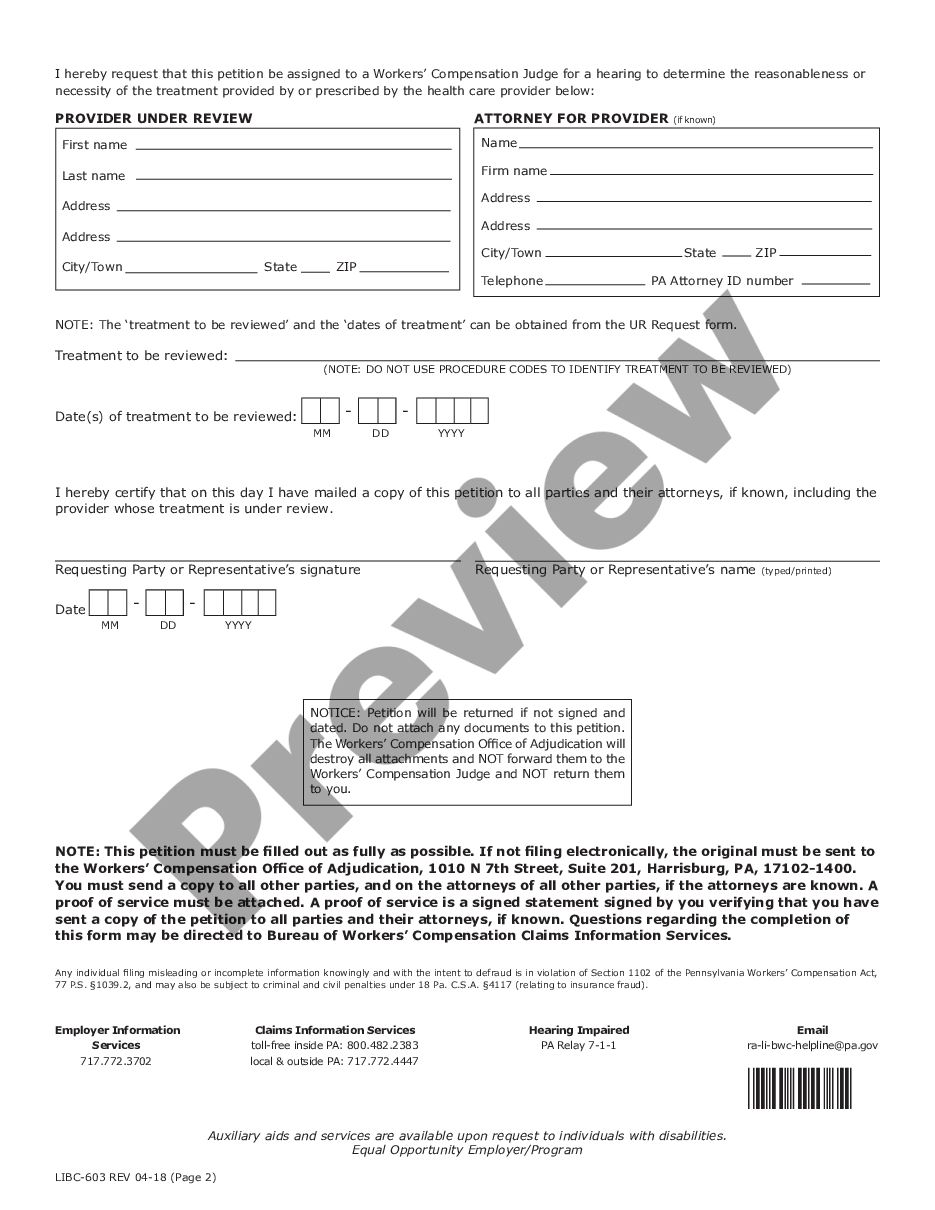 page 1 Petition for Review or Utilization Review Determination for Workers' Compensation for Workers' Compensation preview