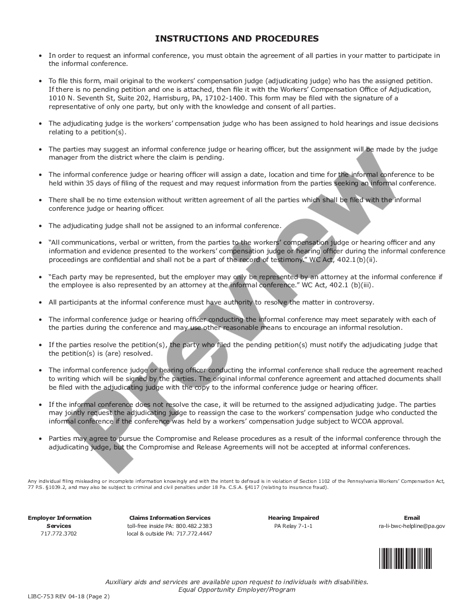 page 1 Notice of Request Informal Conference for Workers' Compensation preview