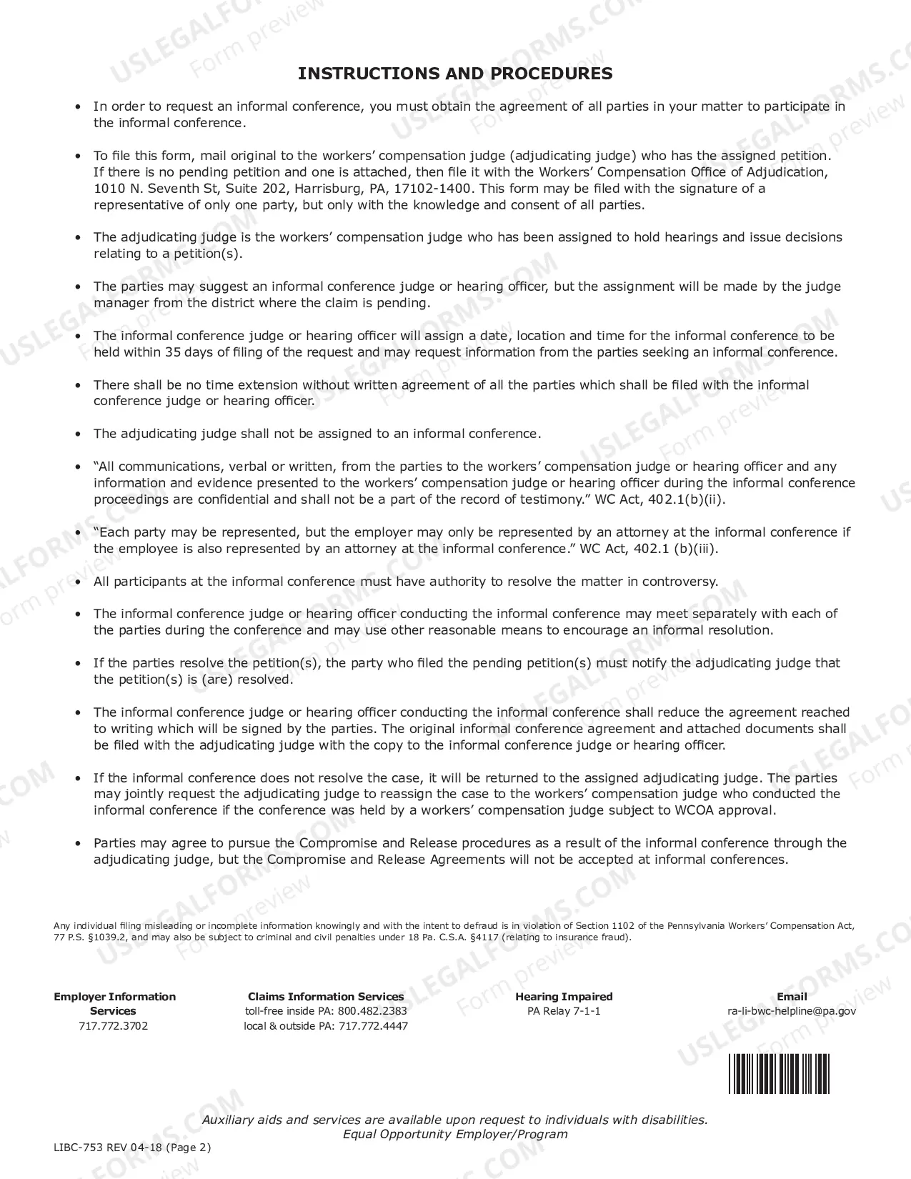 Preview Notice of Request Informal Conference for Workers' Compensation