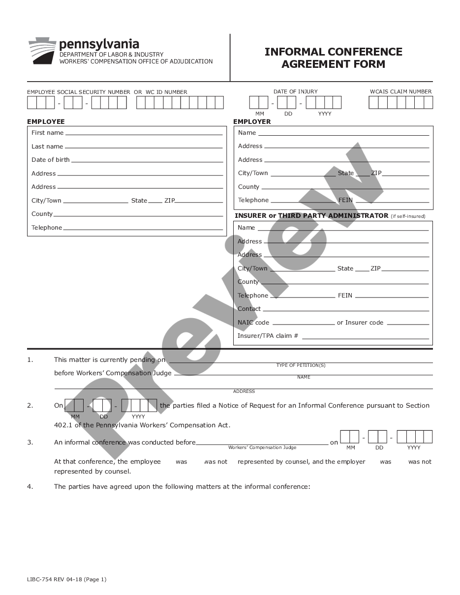 page 0 Informal Conference Agreement Form for Workers' Compensation preview
